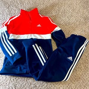 Adidas Track Suit | size 6 | fleece lined | navy blue and red/orange | joggers